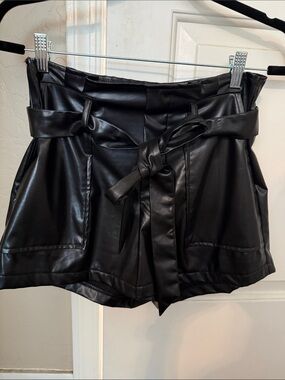 SHEIN Black Faux Leather High-Waist Paperbag Shorts with Tie Belt
